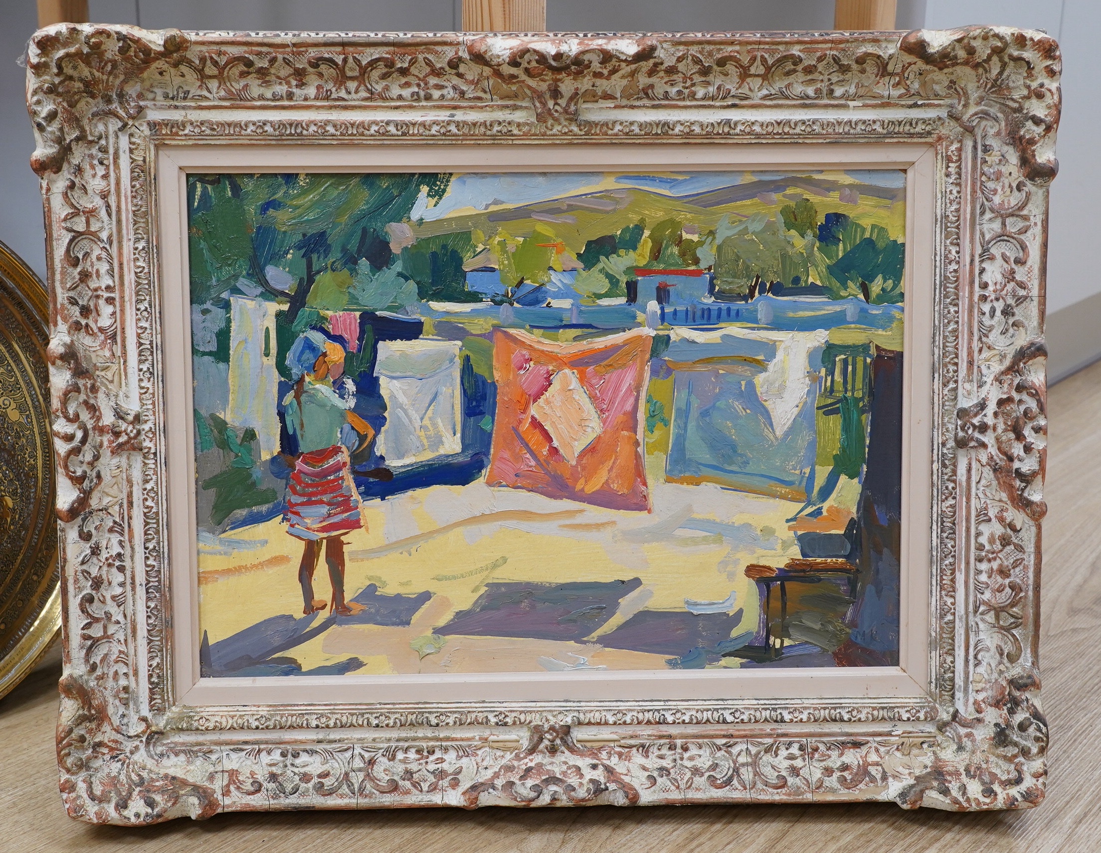 Mikhail Alexandrovich Kokin (1921-2009), oil on board, ‘’The Washing Line’’, monogrammed, 35 x 48cm. Condition - good